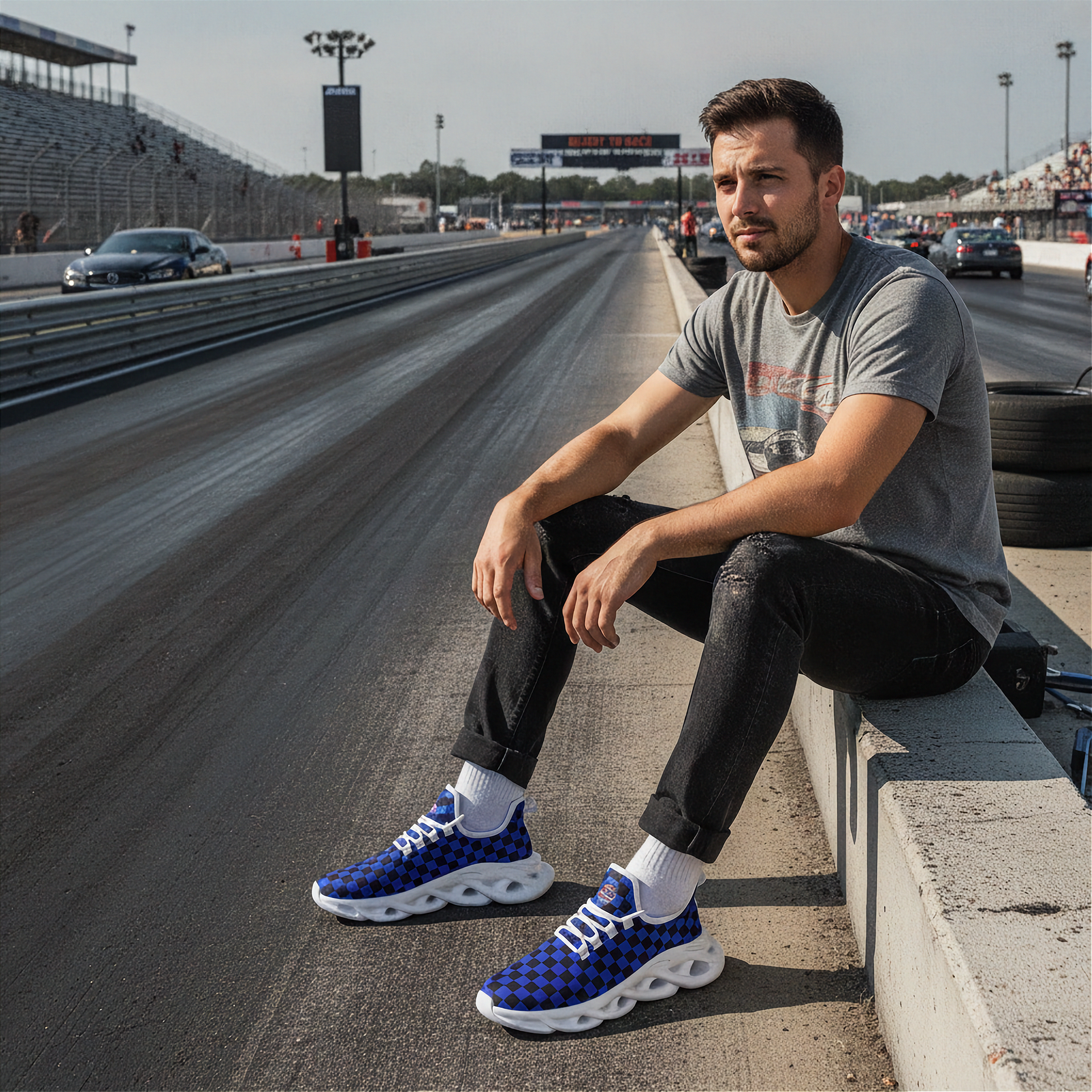 Man sitting on a race track wearing blue checkered sneakers