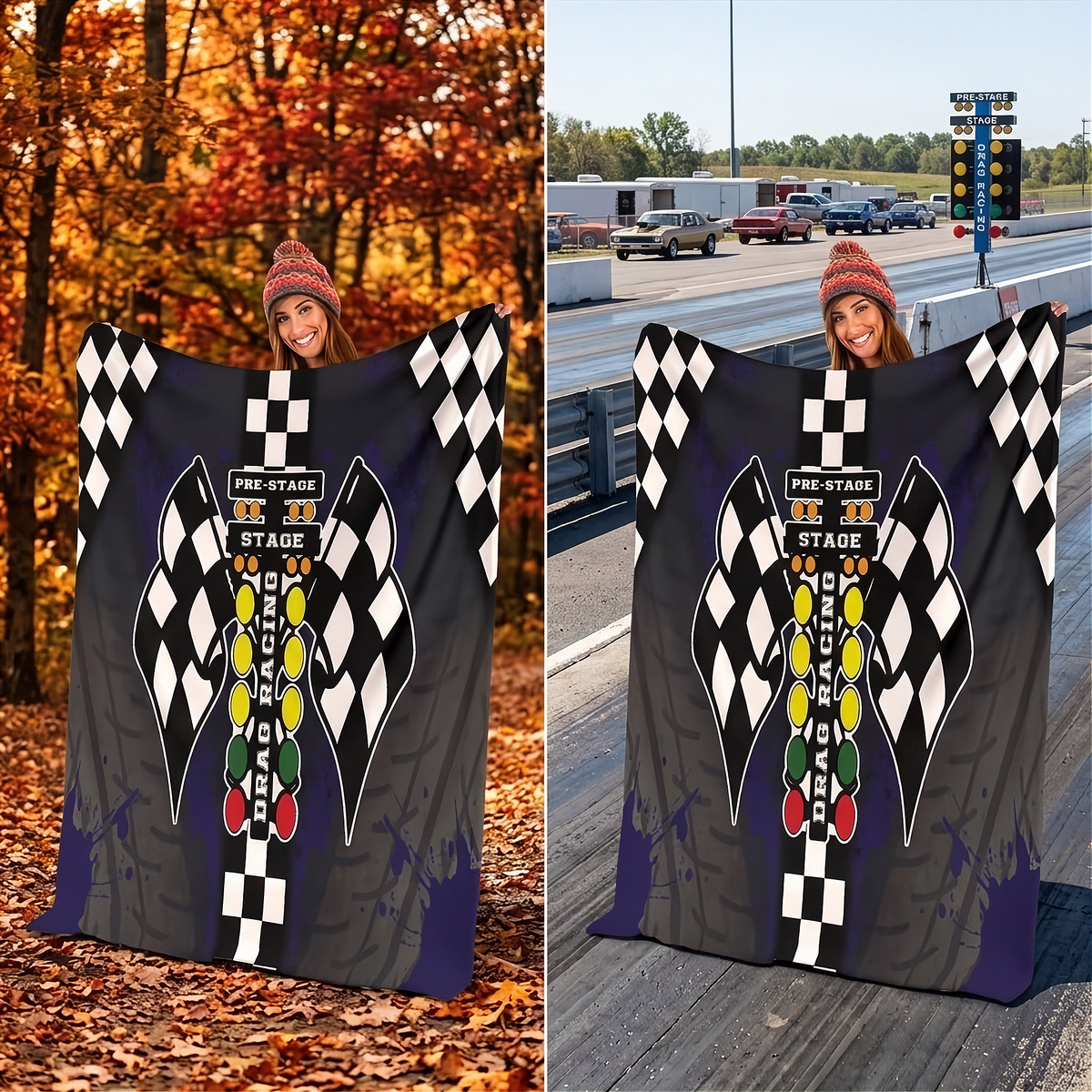 A split-screen lifestyle image showing a person holding up a large fleece blanket outdoors. The left side shows the person in an autumn forest, and the right side shows the person on a racetrack.