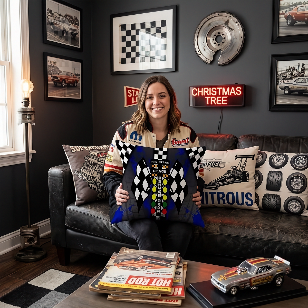 a Woman sitting on a sofa in a themed drag racing living room holding a drag racing pillow with big DRAG RACING Christmas tree
