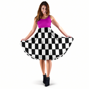 Bold mixed pink and black racing checkered flag dress, a feminine and stylish midi dress for racing moms and wives at the track.