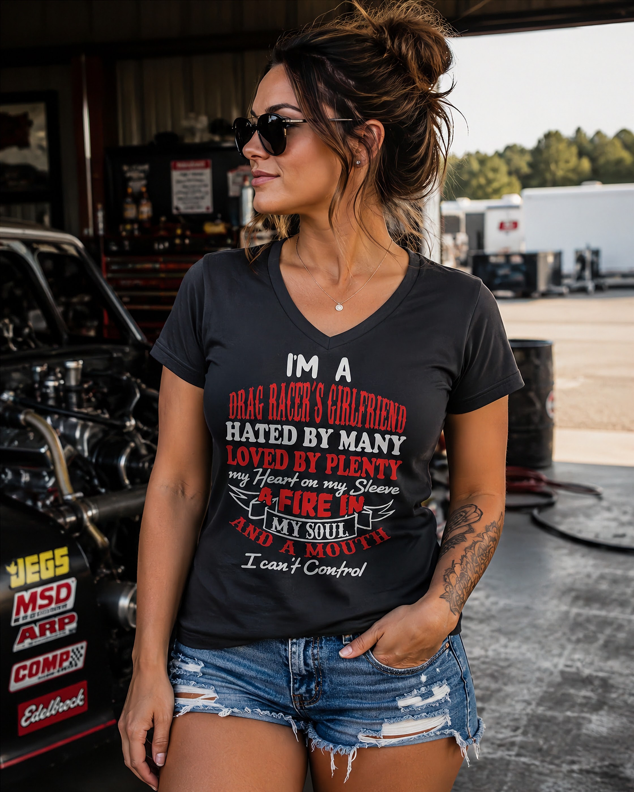 Bold racing t-shirt for women featuring the statement "I'm A Drag Racer's Girlfriend Hated By Many Loved By Plenty," available in v-necks, racerback tanks, and premium cotton tees.