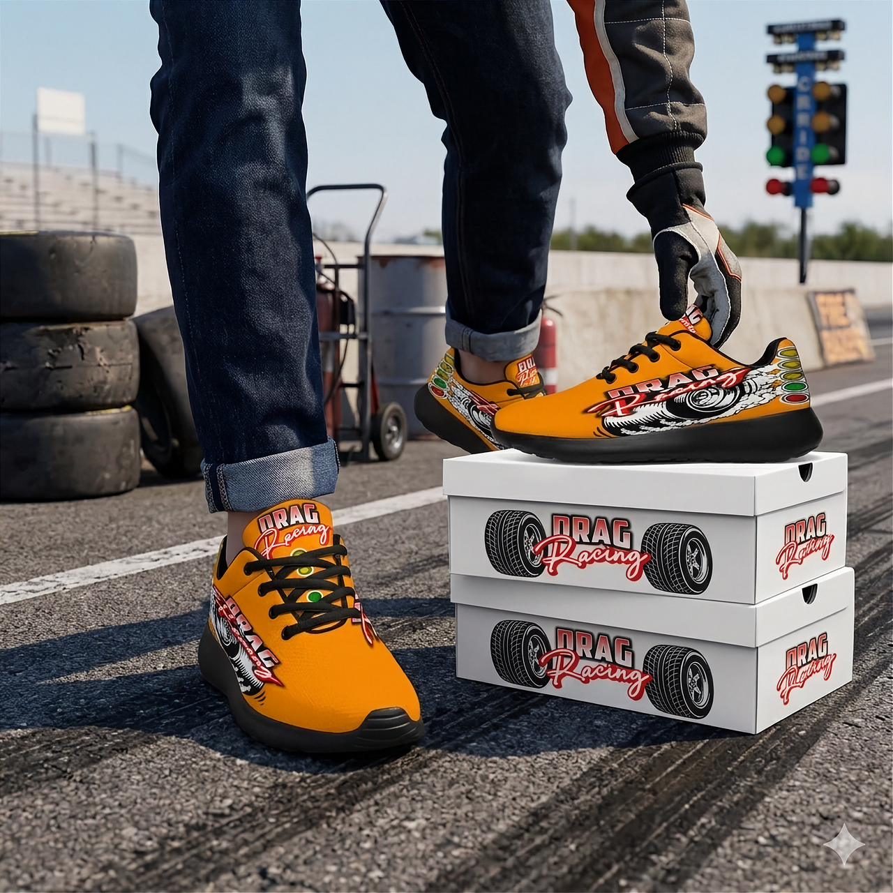 Bright orange drag racing sneakers with high-traction EVA outsoles.