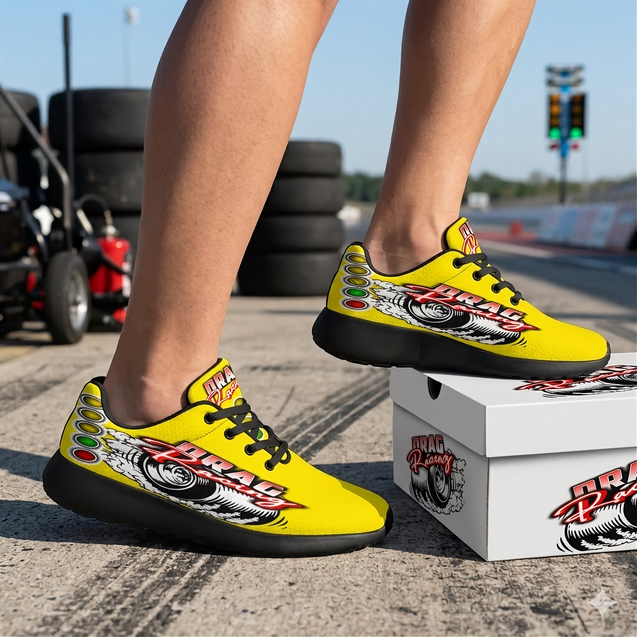 Bright yellow drag racing sneakers with breathable mesh and traction outsoles.