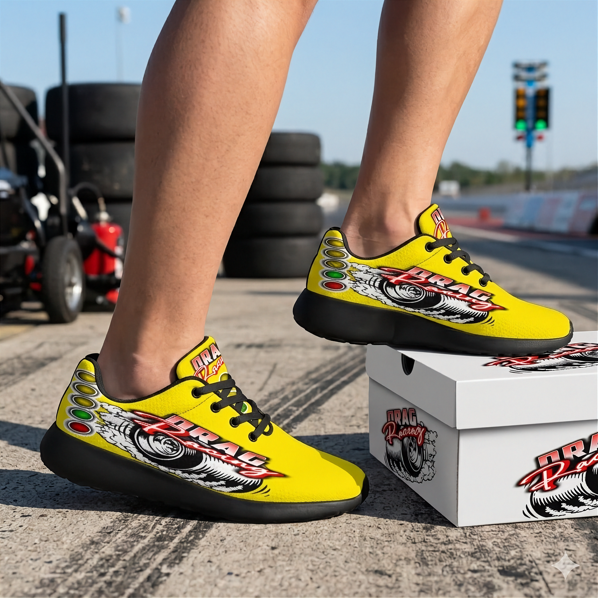 Bright yellow drag racing sneakers with breathable mesh and traction outsoles.
