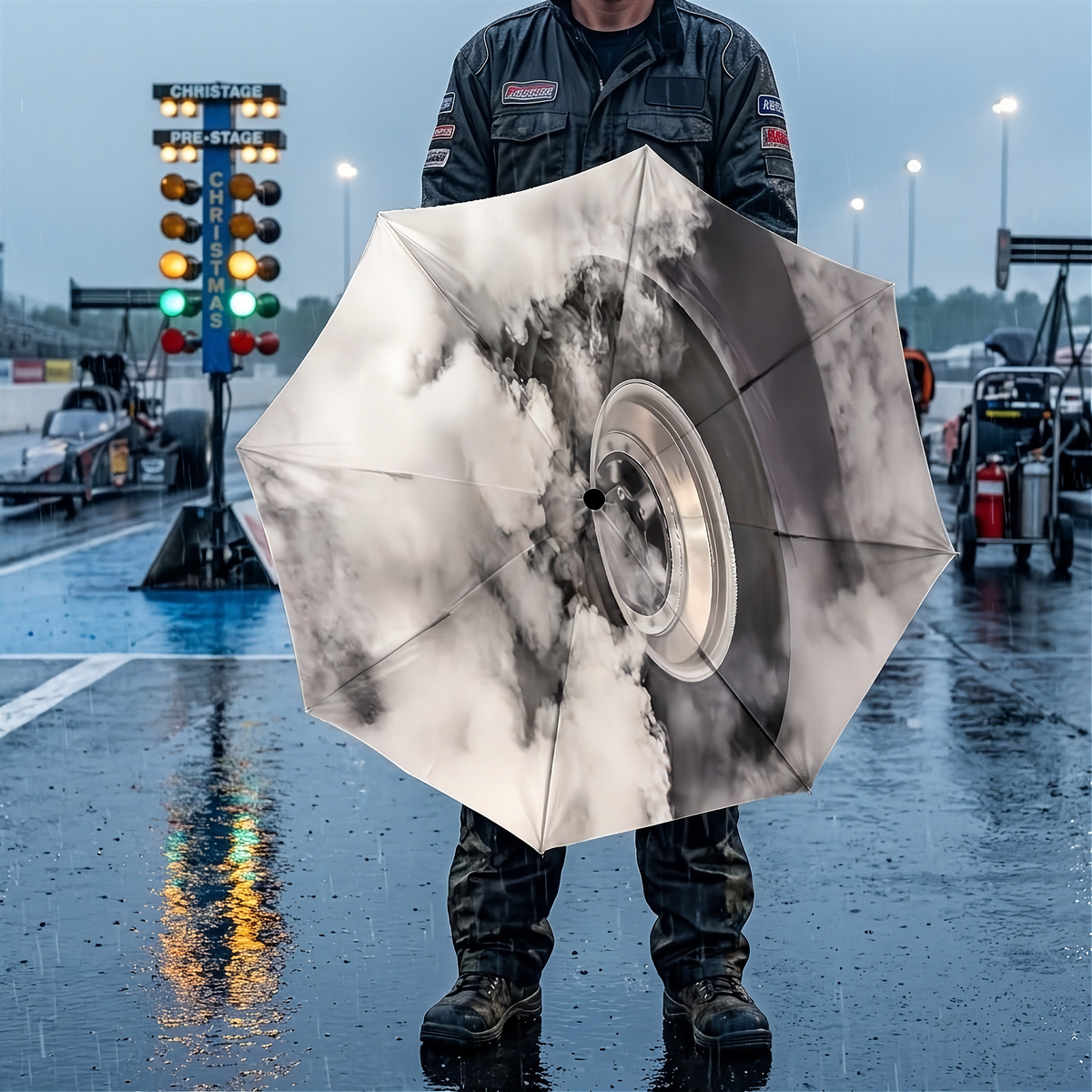 A person in a drag racing uniform holds a large open umbrella printed with a dramatic tire and cloud graphic, standing on a wet racetrack in the rain.