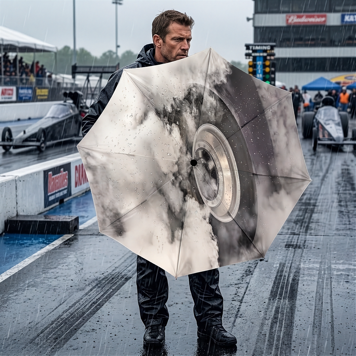A man standing in the rain on a drag strip holding a large printed umbrella featuring a dramatic gray and white cloud-like graphic with a metallic wheel design in the center.
