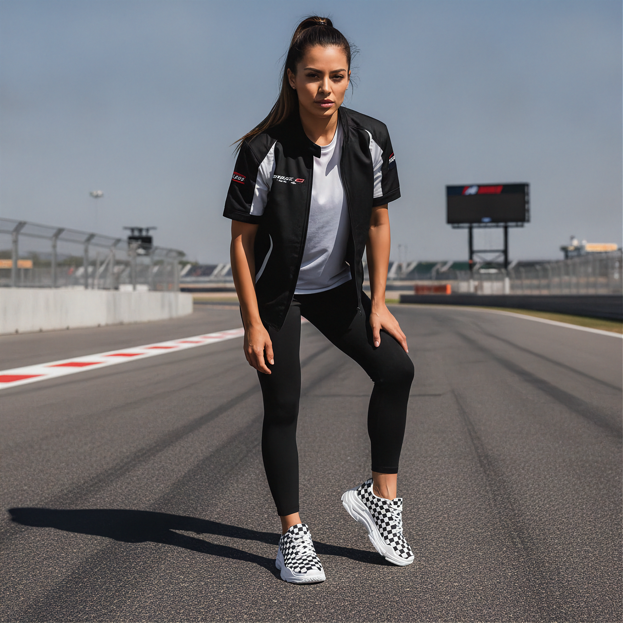 Woman in racing attire standing on a race track