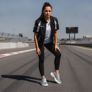Woman in racing attire standing on a race track