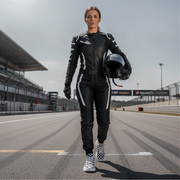 Woman in a black motorcycle racing suit holding a helmet and wearing checkered shoes on a race track.