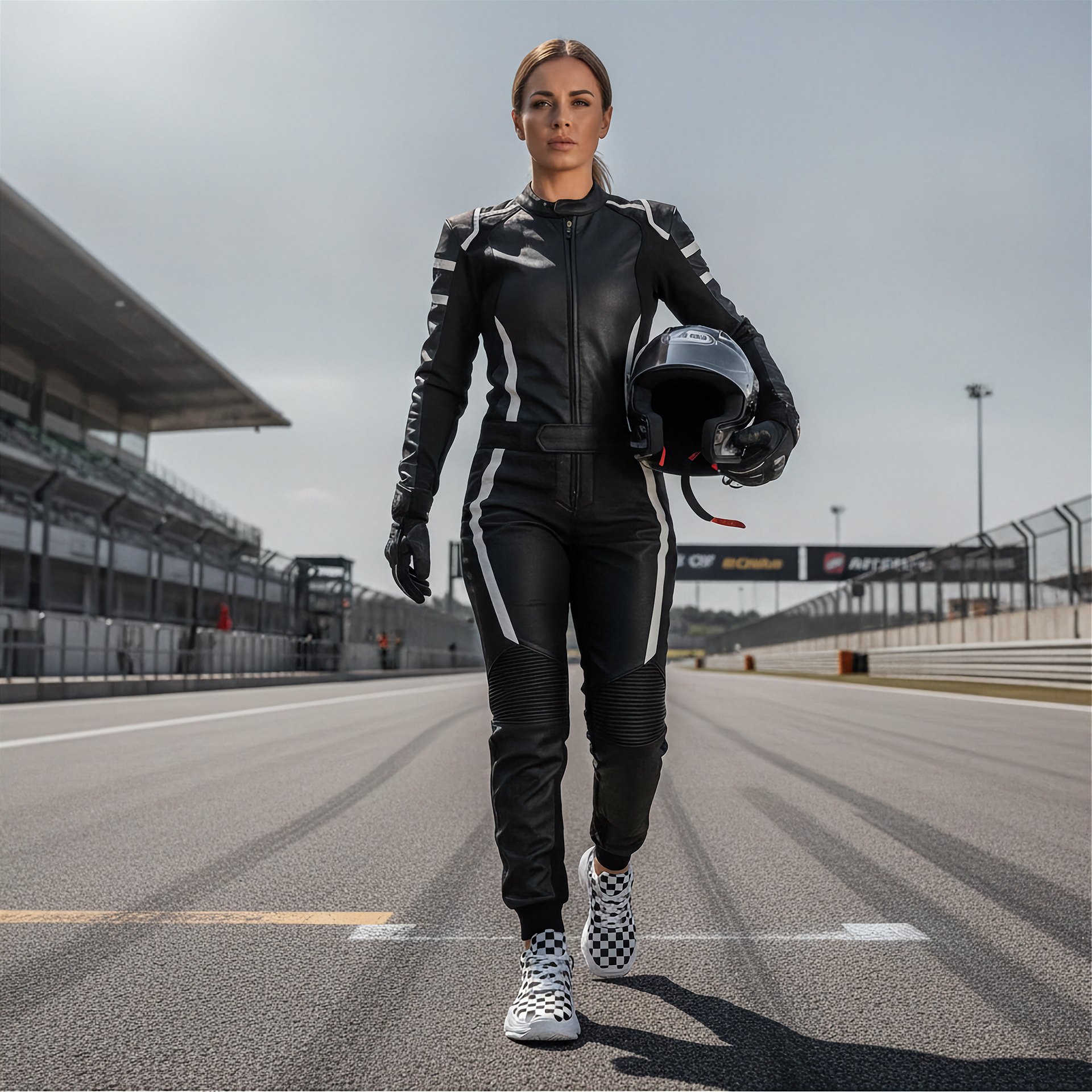 Woman in a black motorcycle racing suit holding a helmet and wearing checkered shoes on a race track.