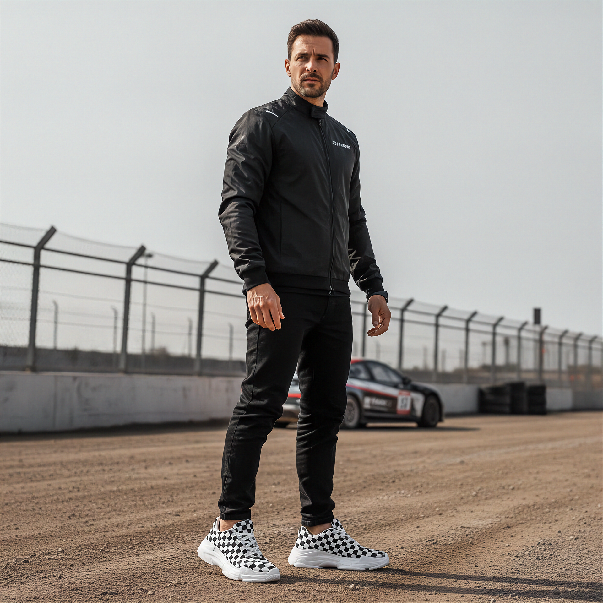 Man in black jacket and pants and checkered shoes standing on a race track with a car in the background