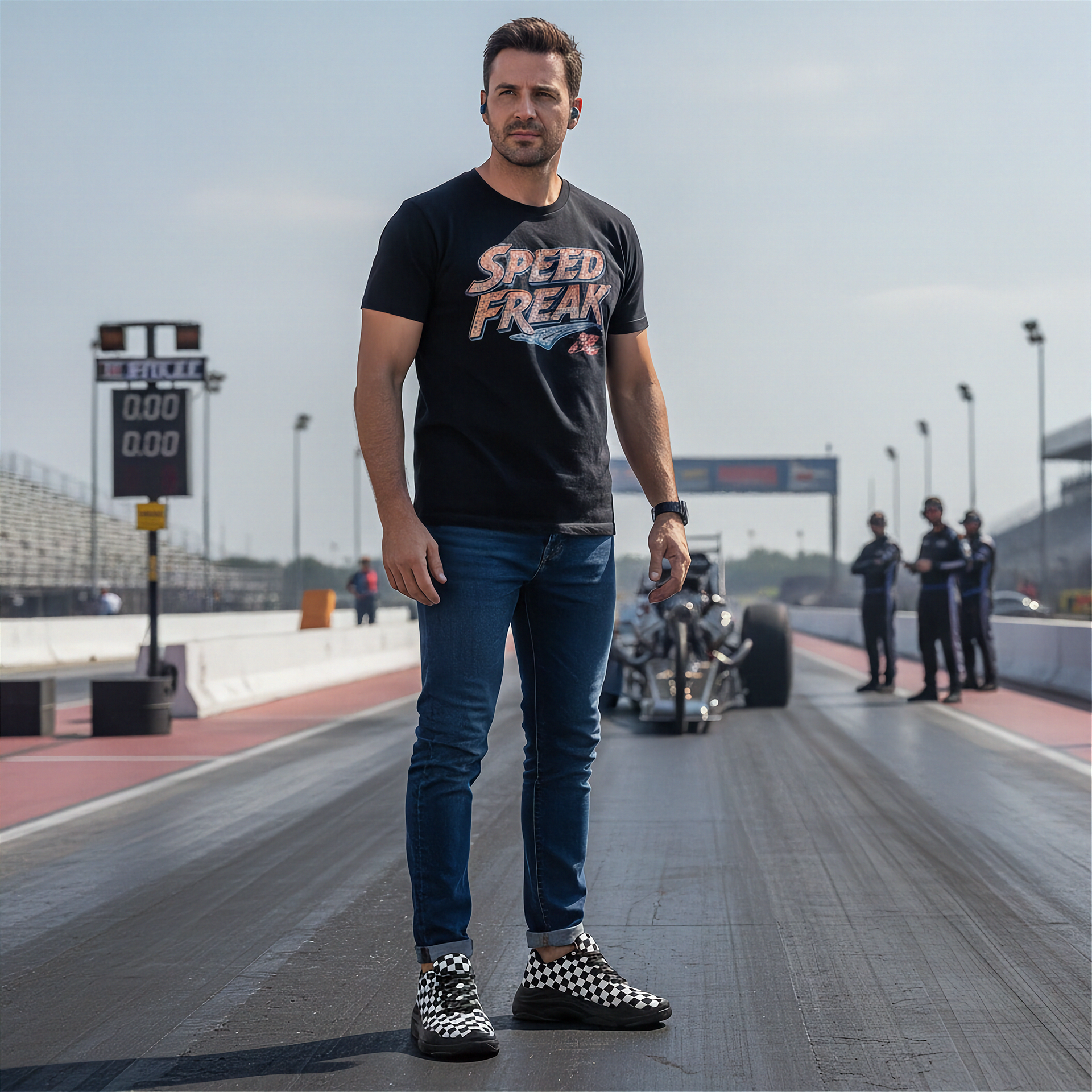 Man wearing a 'Speed Freak' t-shirt with checkered shoes on a race track with a motorcycle in the background.