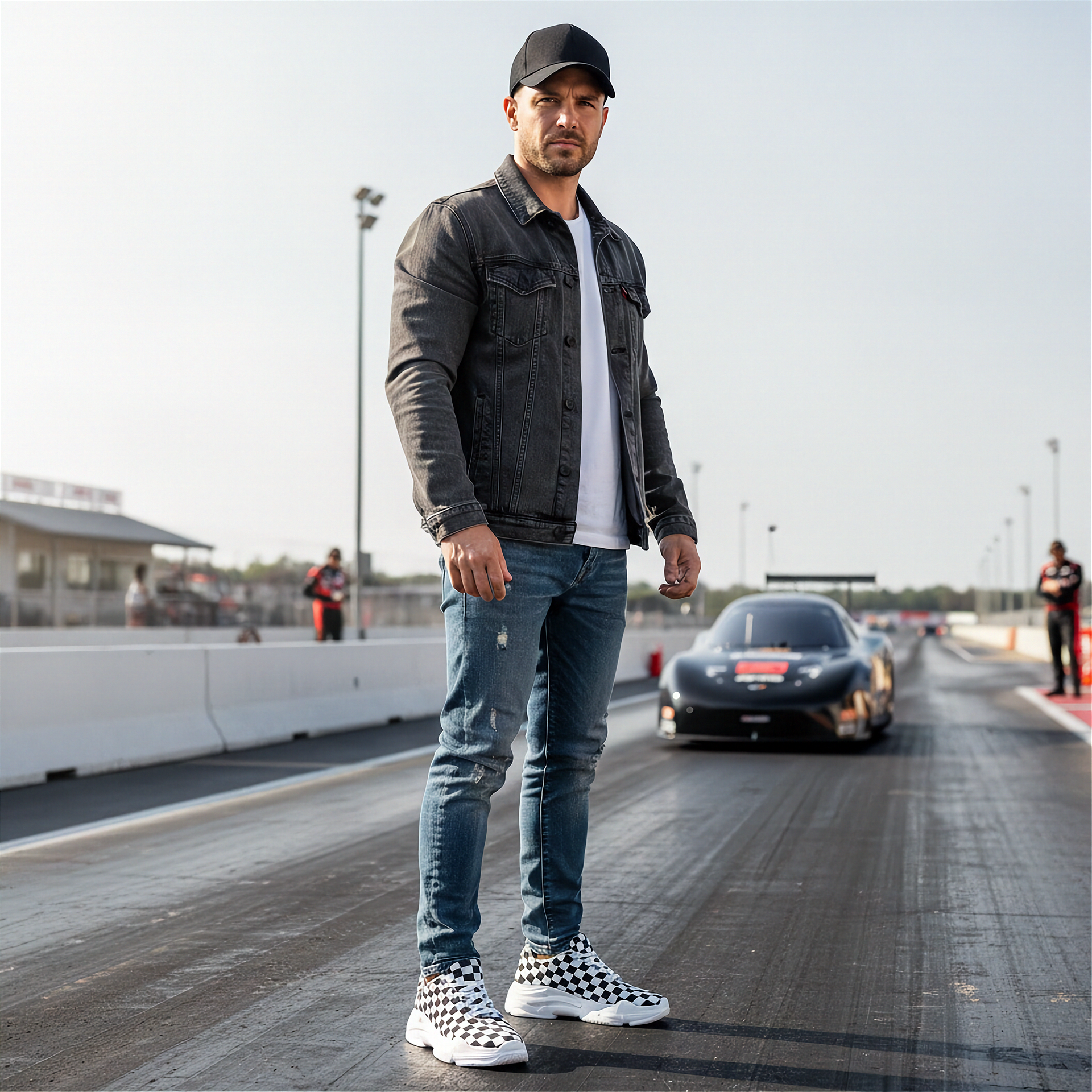 Man standing on a race track wearing a black jacket and jeans and checkered shoes with a car in the background.