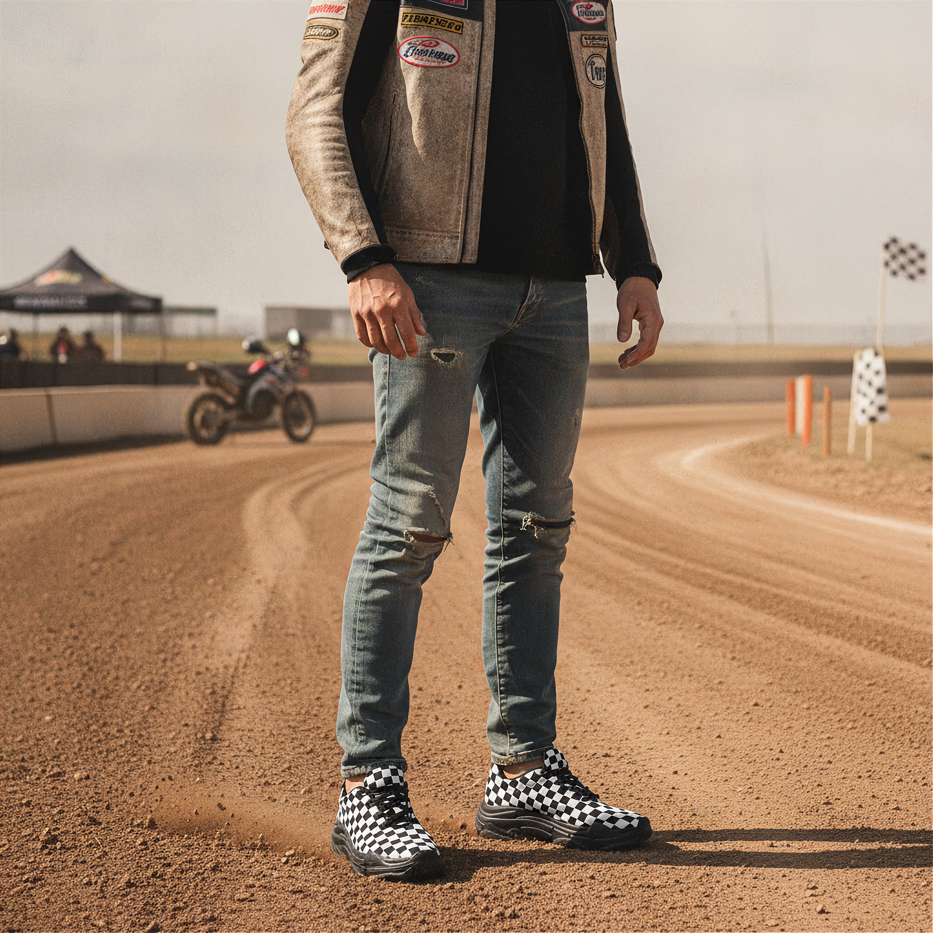 Person standing on a dirt track wearing a jacket with patches, jeans, and checkered shoes.