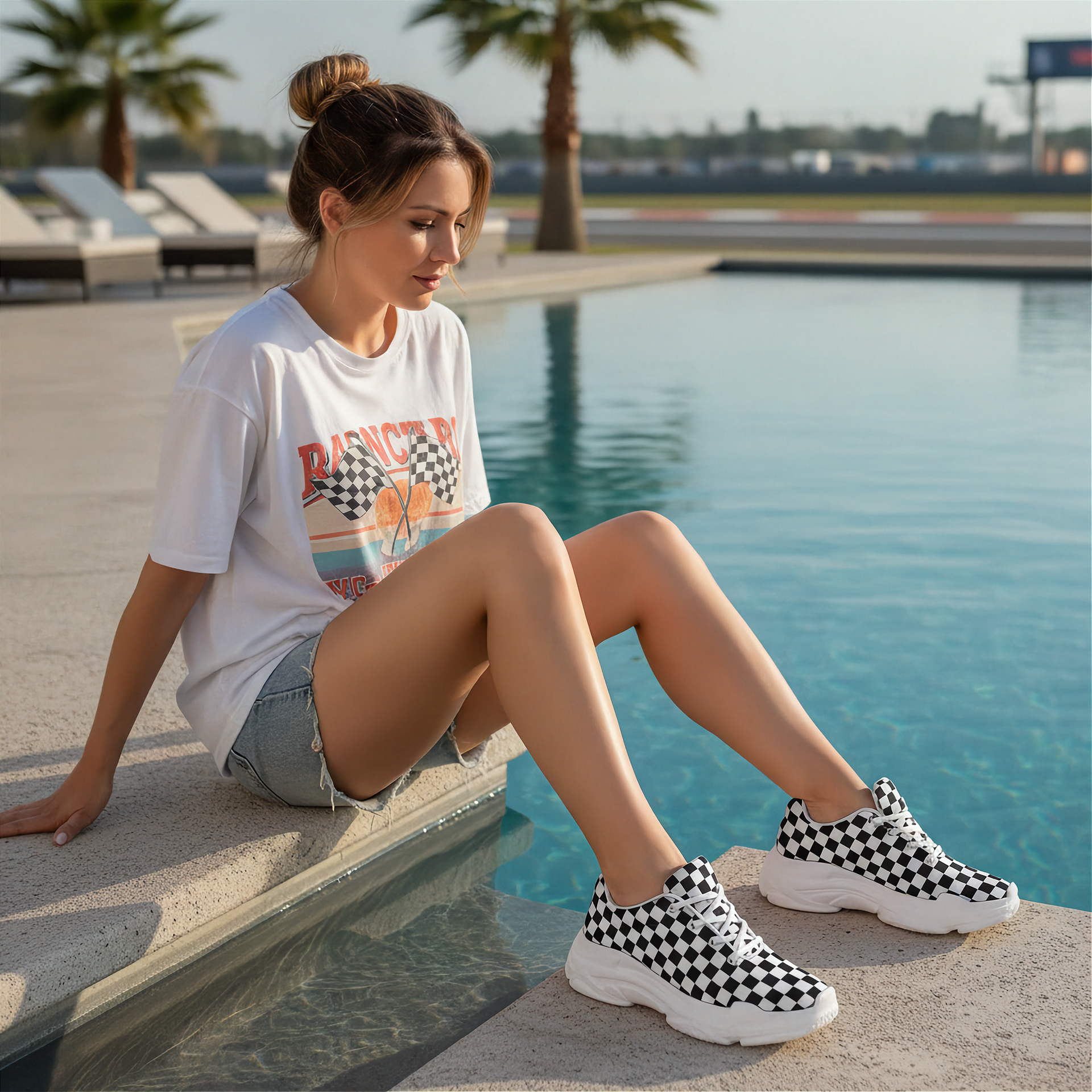 Woman sitting by a pool wearing checkered sneakers