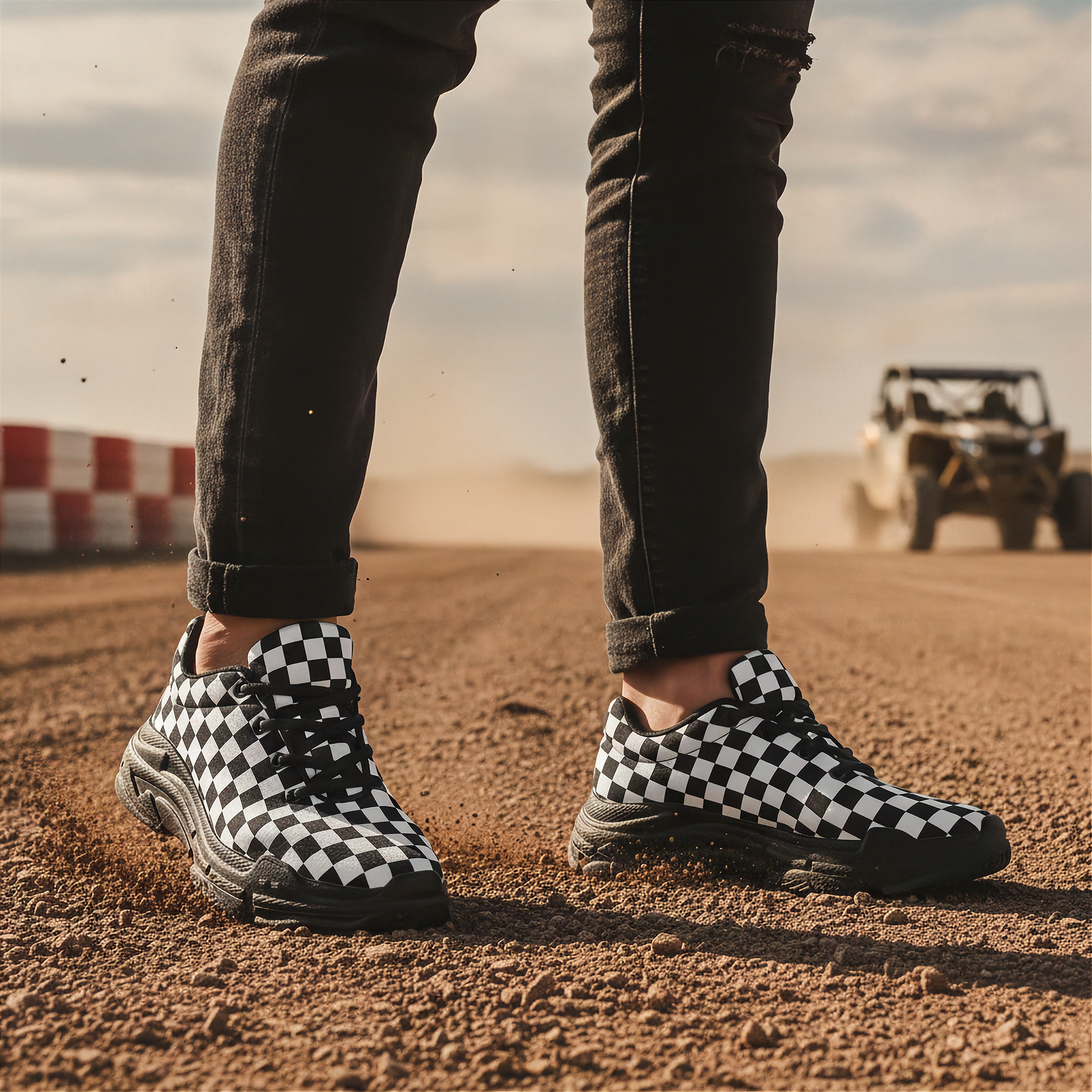 Man wearing checkered shoes on a dirt track with a vehicle in the background