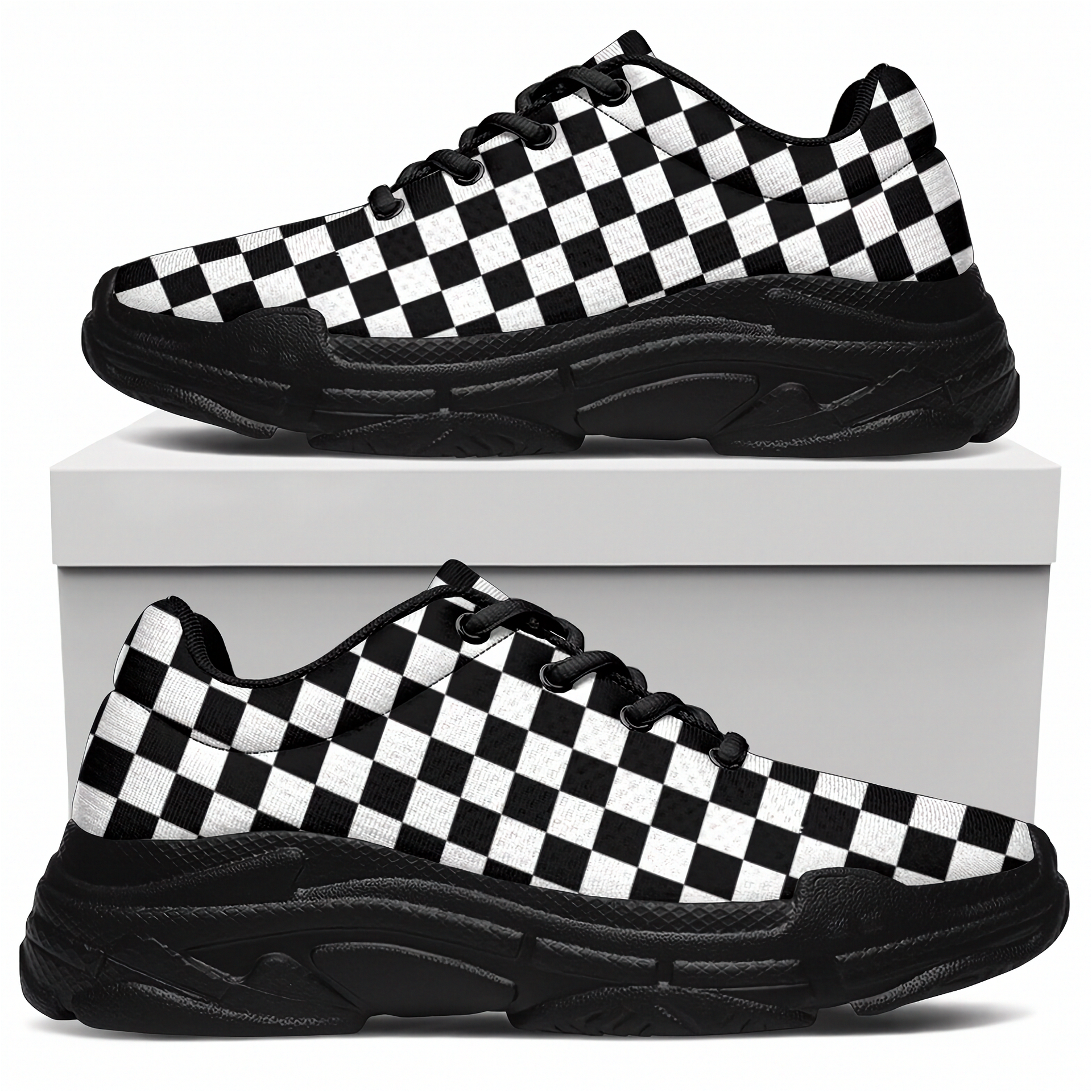 Black and white checkered sneakers on a white background
