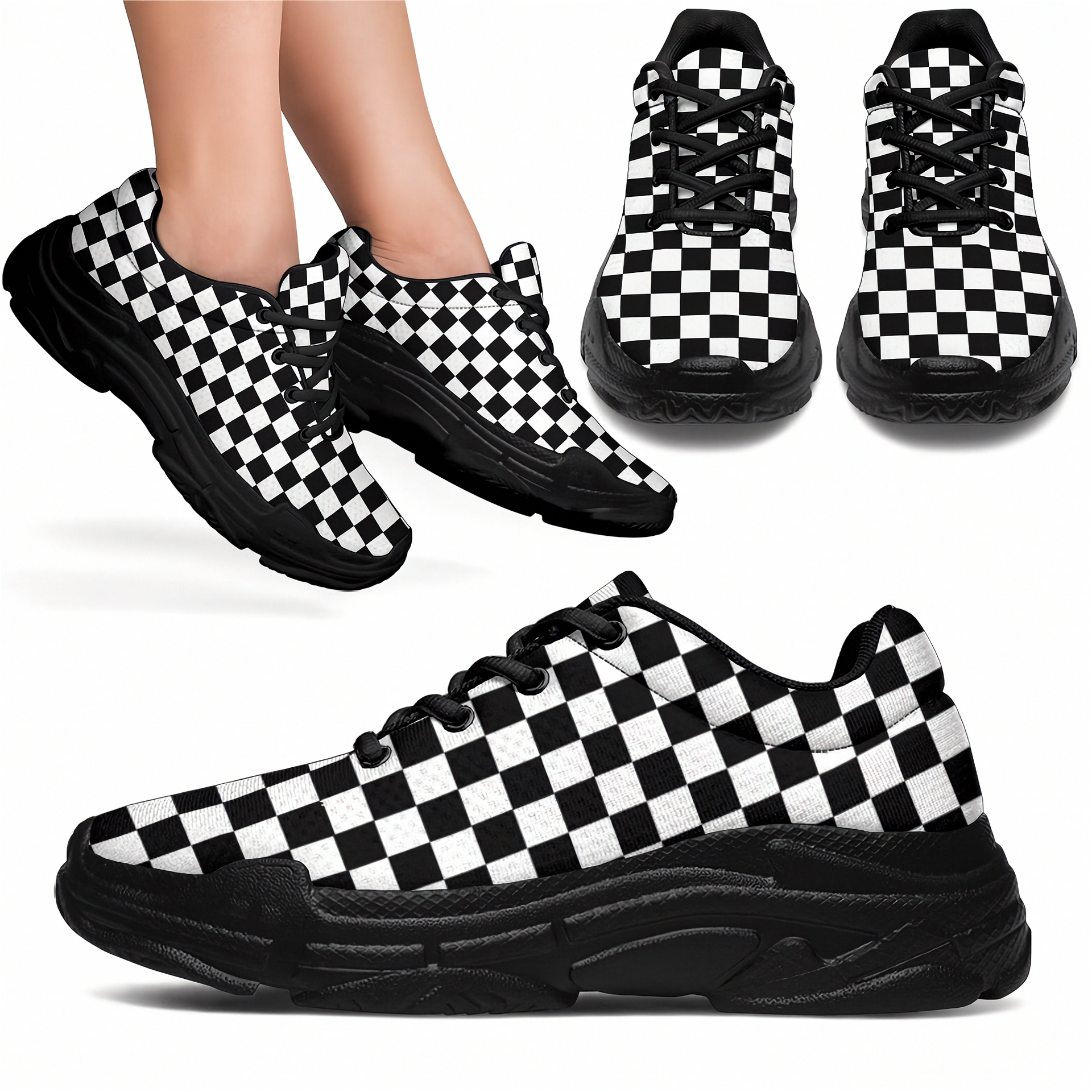 Black and white checkered sneakers shown on feet and displayed separately.