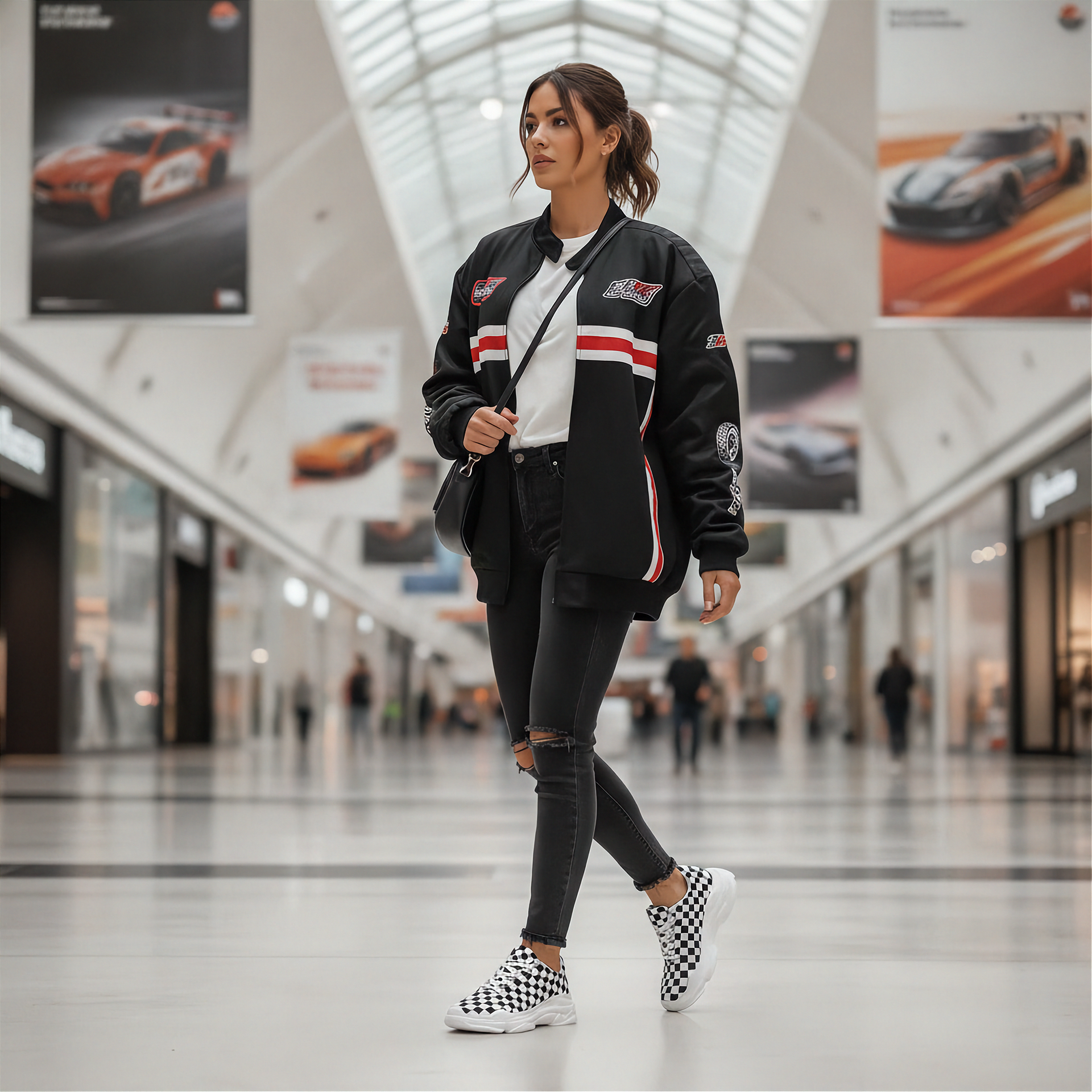 Woman in a stylish outfit with a black bomber jacket in a mall setting wearing checkered shoes