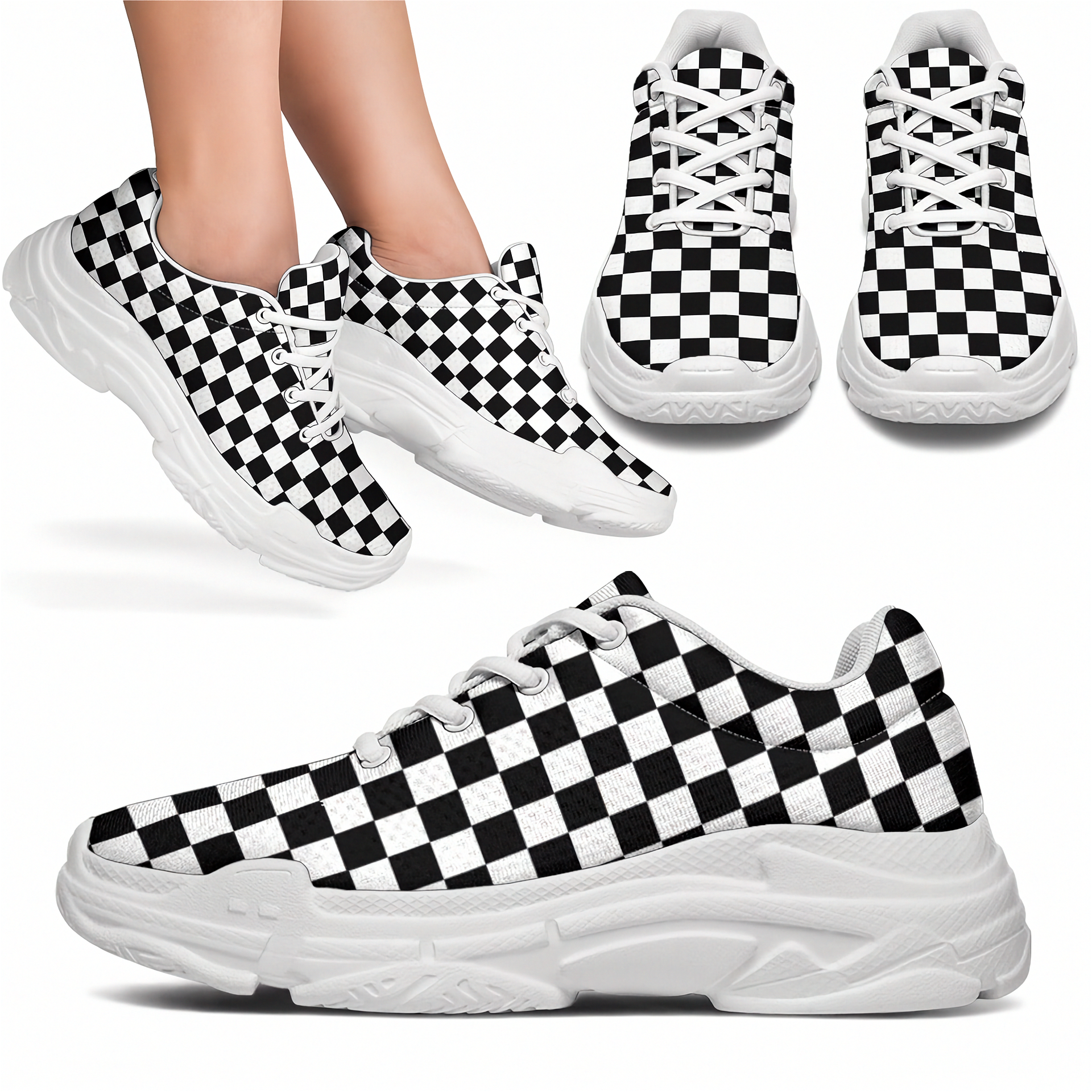 Black and white checkered sneakers with a close-up on a white background