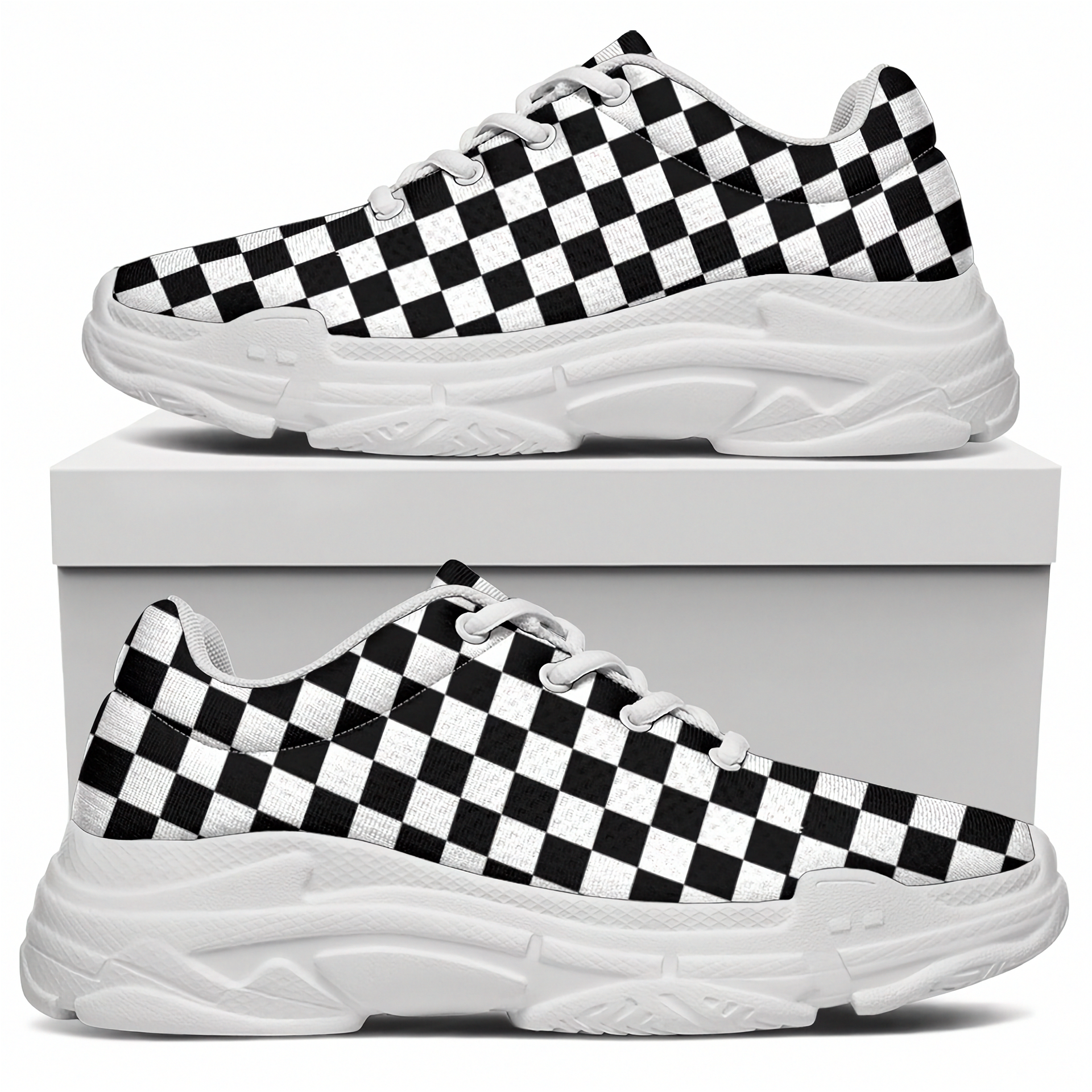 Black and white checkered sneakers on a white background