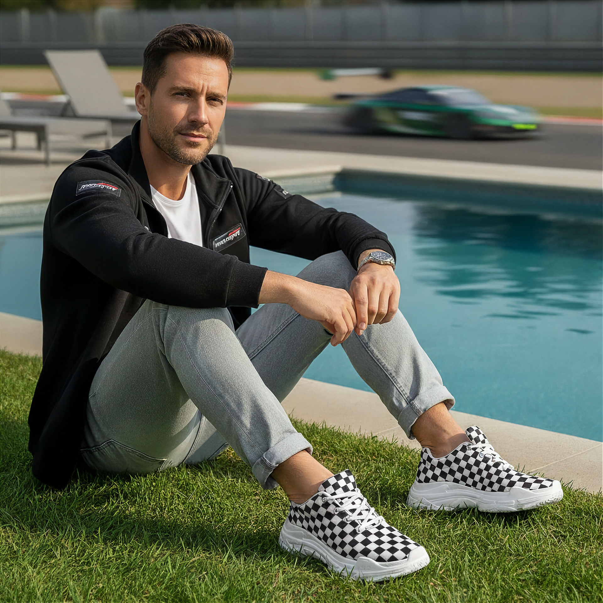 Man sitting by a pool with a car in the background and checkered sneakers