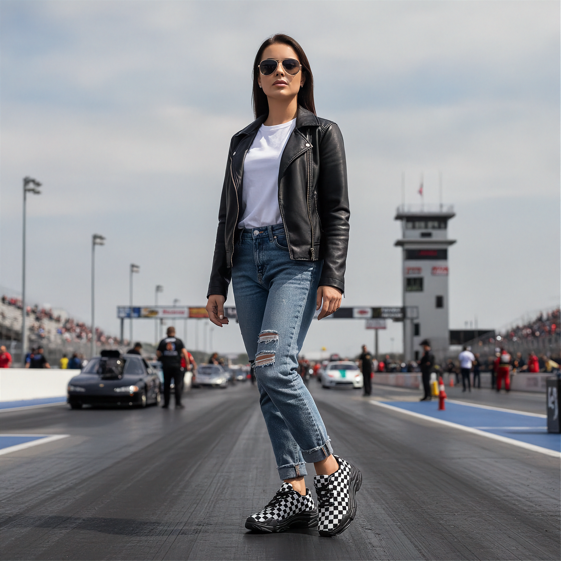 Woman in leather jacket and jeans  and checkered shoes standing on a race track with cars and a control tower in the background.