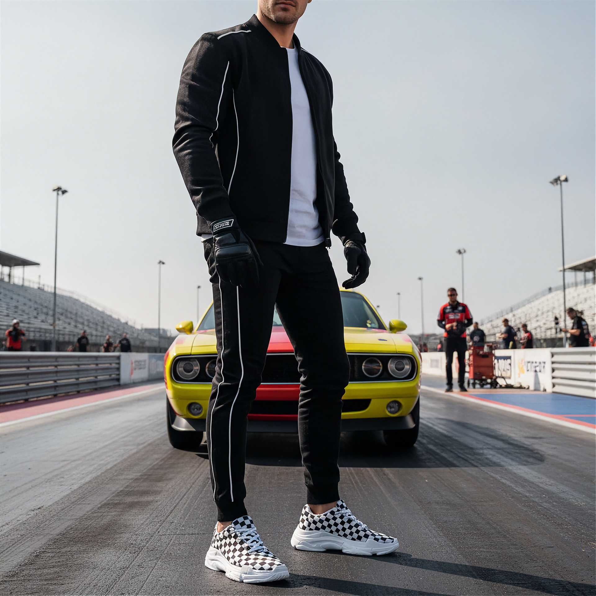 Man wearing checkered shoes standing on a race track with a colorful car in the background