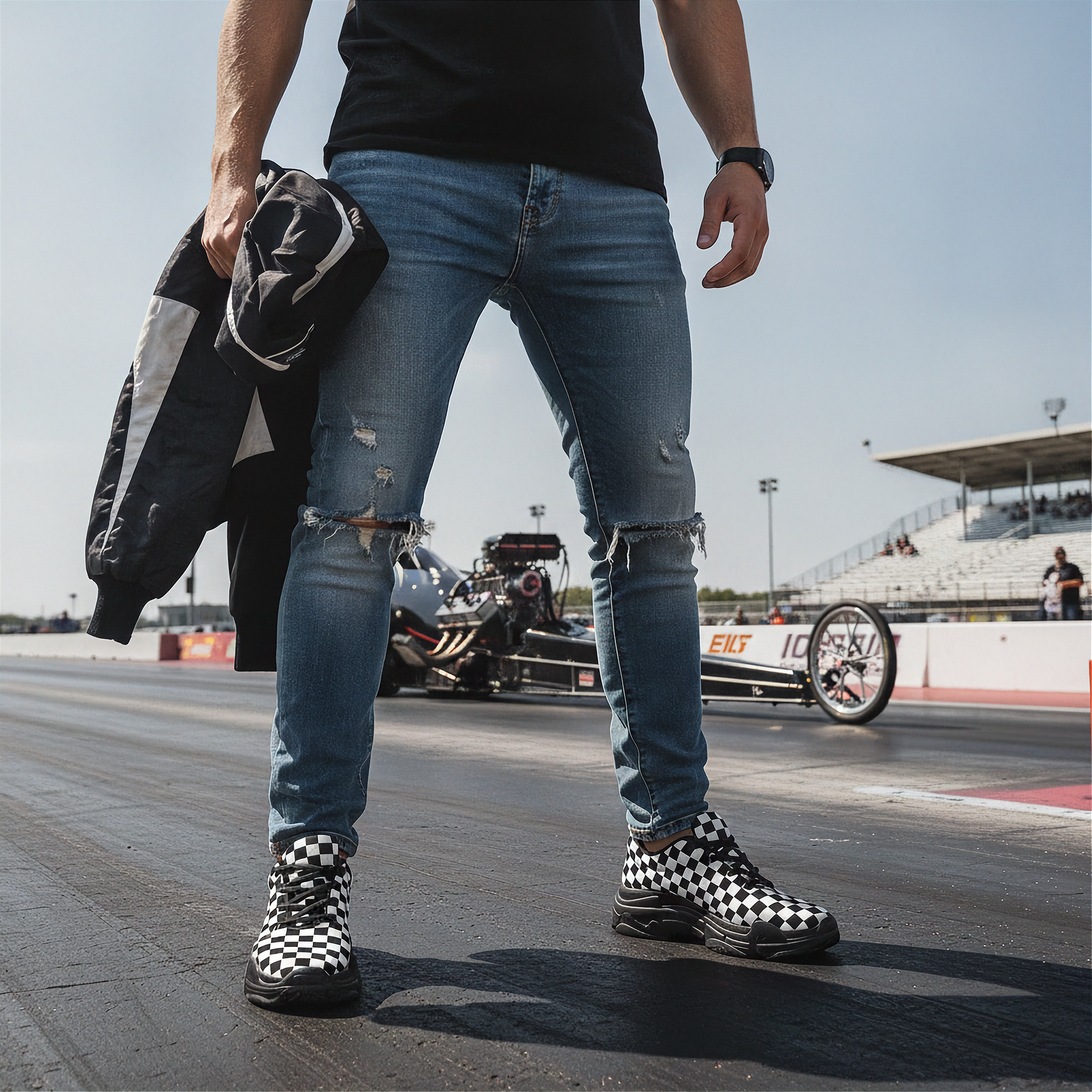 Person wearing ripped jeans and checkered boots on a racetrack with a car in the background.