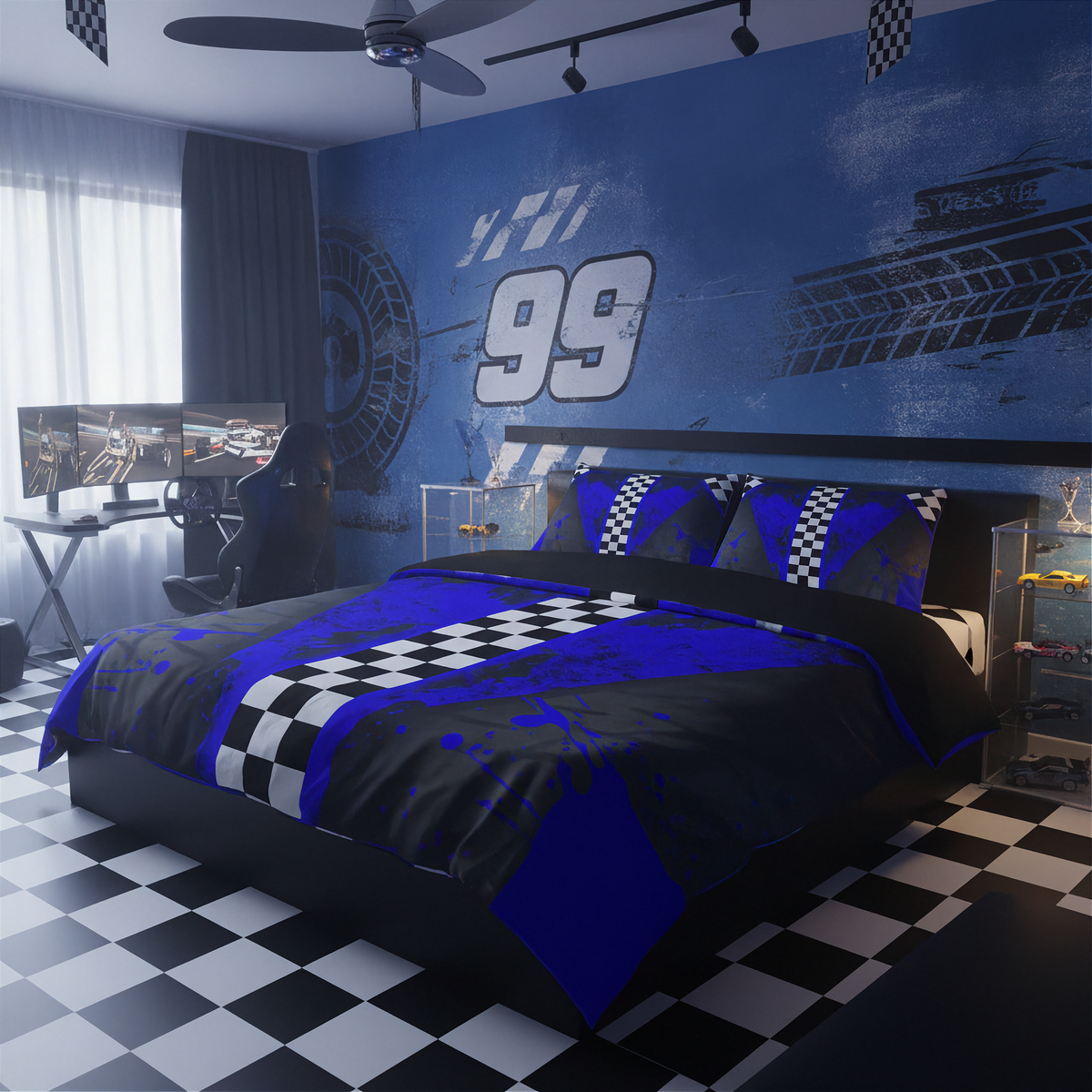 A racing-themed bedroom setup featuring a bed dressed in a blue, black, and white checkered blanket and matching pillows, set against a blue wall with a large '95' and track graphics. The room also includes a black-and-white checkered floor, a desk setup with dual monitors, and a ceiling fan.