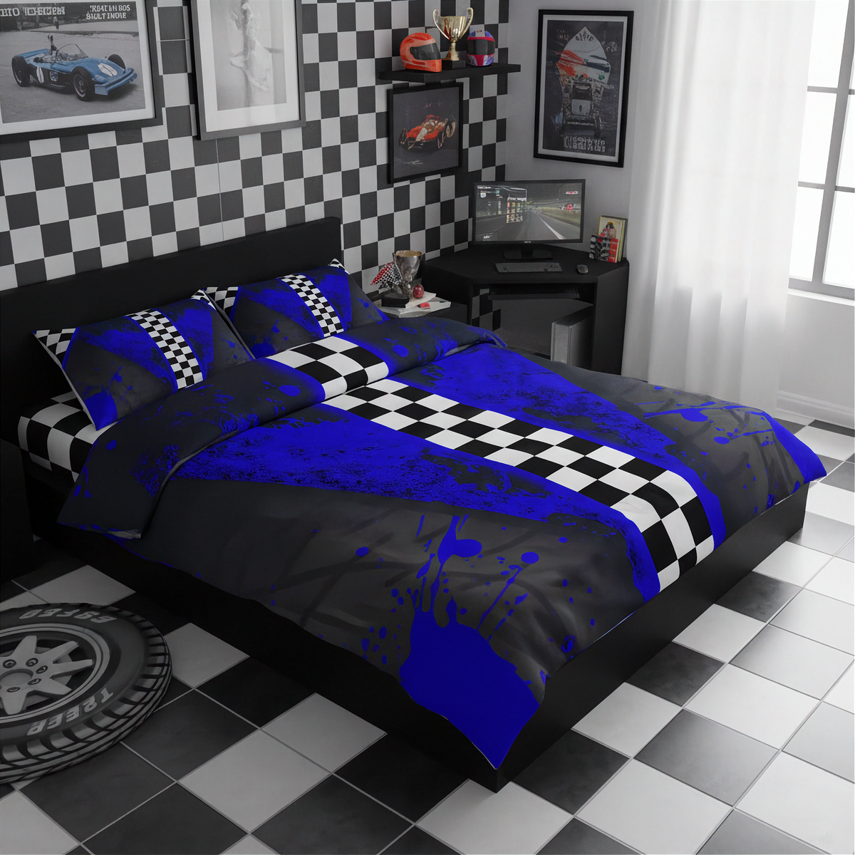 A racing-themed bedding set with a blue and black paint-splatter design and a black-and-white checkered stripe, styled on a bed in a modern racing-themed bedroom with a checkered wall and racing decor.