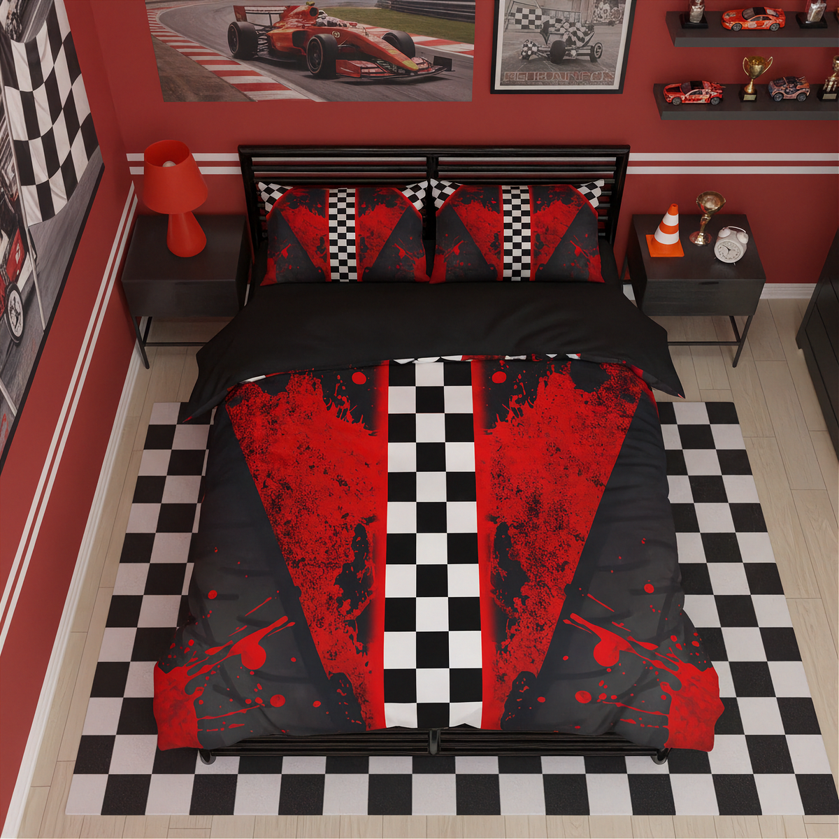 A race-themed bedding set with a duvet cover and two pillowcases featuring a bold red and black checkered pattern, styled on a bed in a red-themed bedroom with a black-and-white checkered floor and racing car wall art.