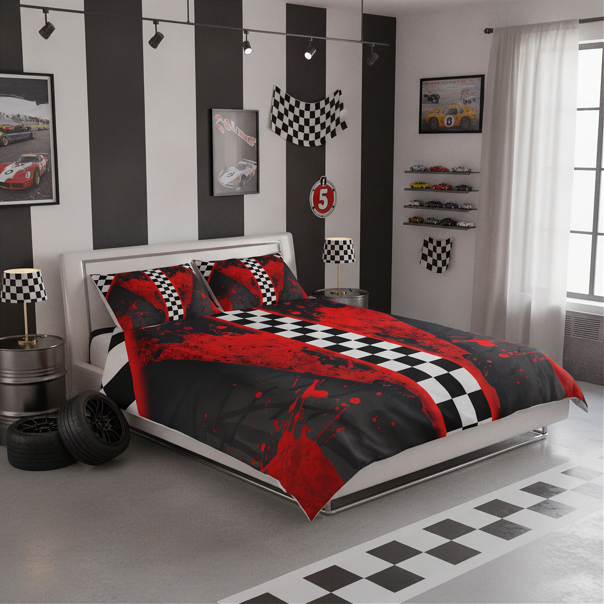 A racing-themed bedding set with a duvet cover and matching pillowcases, featuring a bold red and black design with checkered flags and paint splatters, styled in a modern garage-themed bedroom.