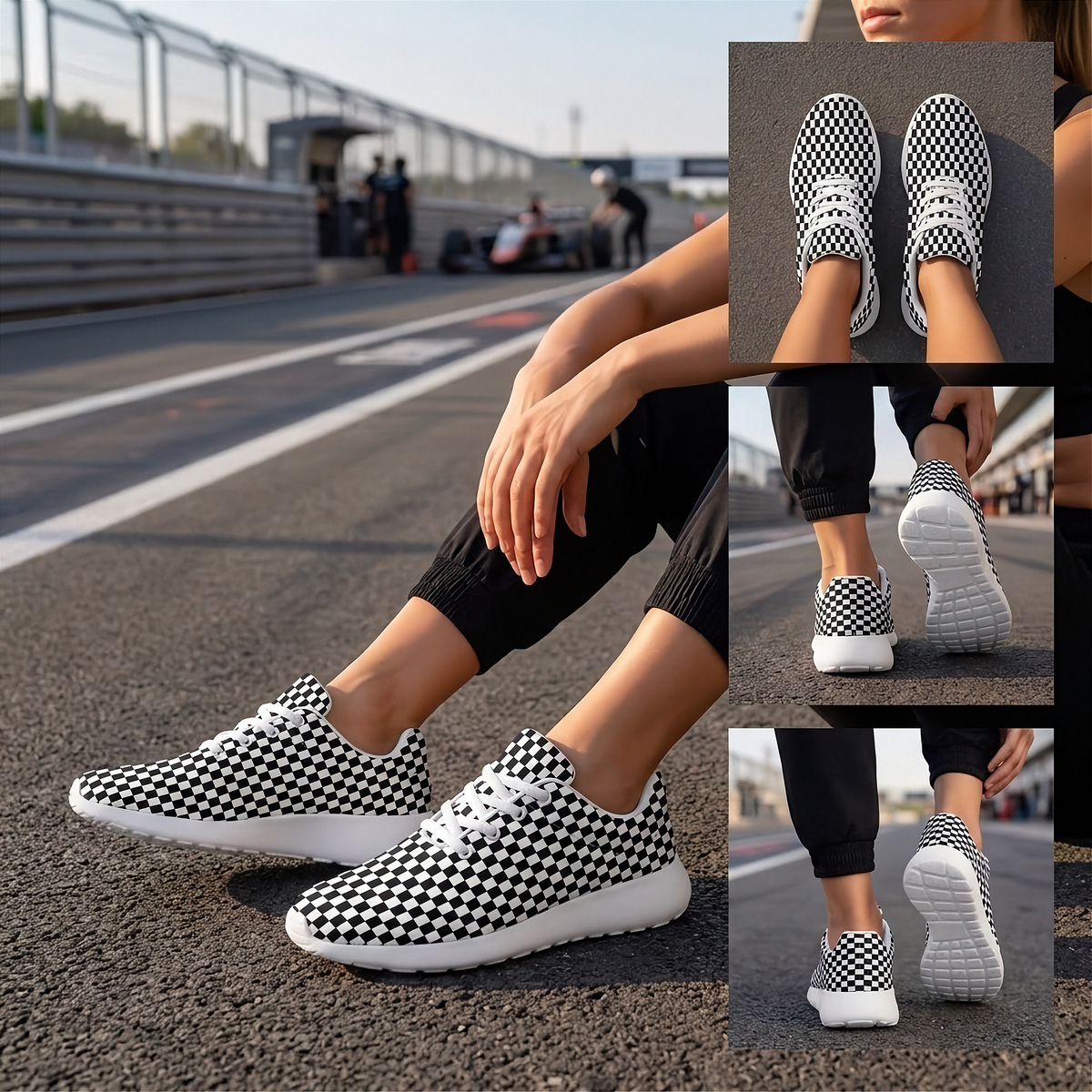 Black-and-white checkered sneakers with white soles worn trackside, with inset top, heel, and outsole views.
