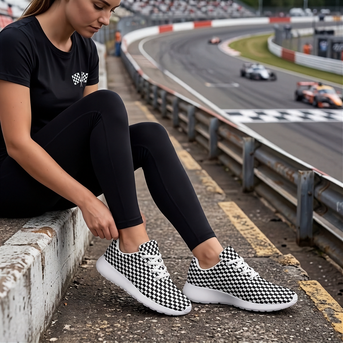 Woman wearing black-and-white checkered sneakers with white laces and soles beside a paved race circuit.