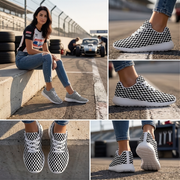 Checkered sneaker collage showing trackside styling with jeans, side profiles, top view, and white outsole.