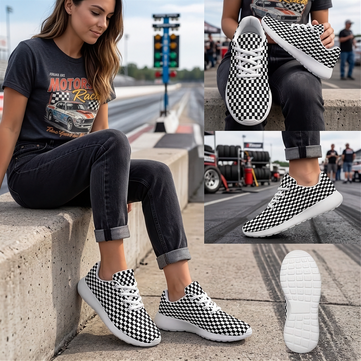 Woman wearing checkered sneakers trackside, with close-ups of the white laces, side profile, and outsole.