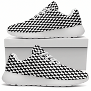 Side views of black-and-white checkered sneakers with white laces and soles displayed beside a white shoebox.