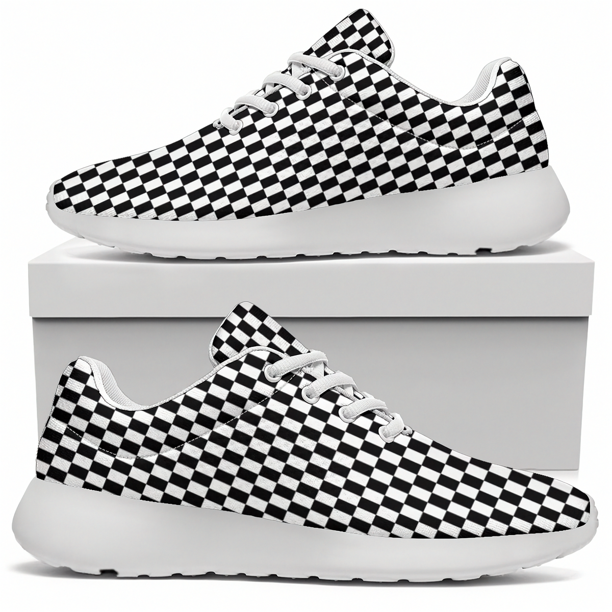 Side views of black-and-white checkered sneakers with white laces and soles displayed beside a white shoebox.