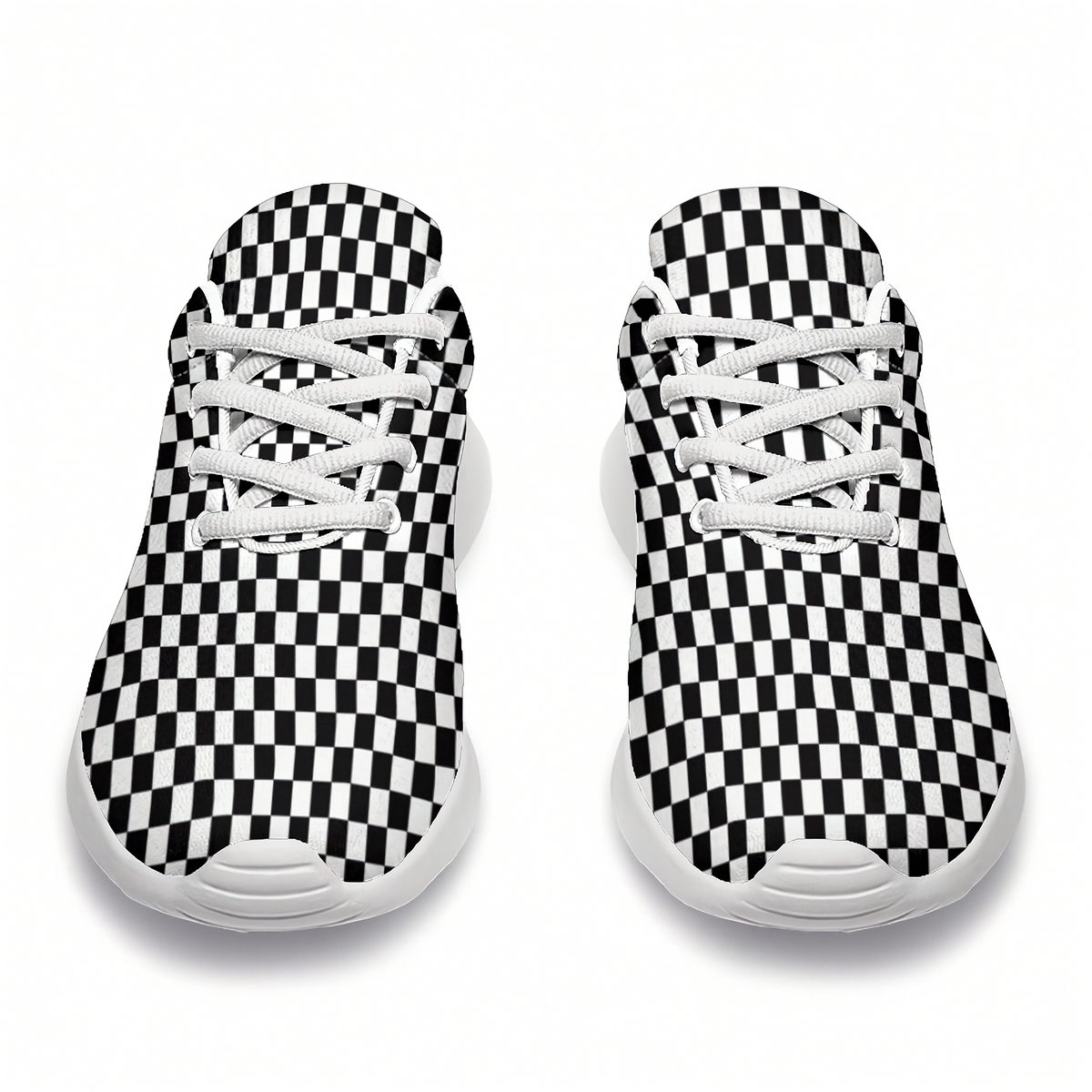 Top view of a pair of black-and-white checkered sneakers showing white laces and rounded toes.