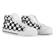 White high-top sneakers with gray camouflage pattern on a white background
