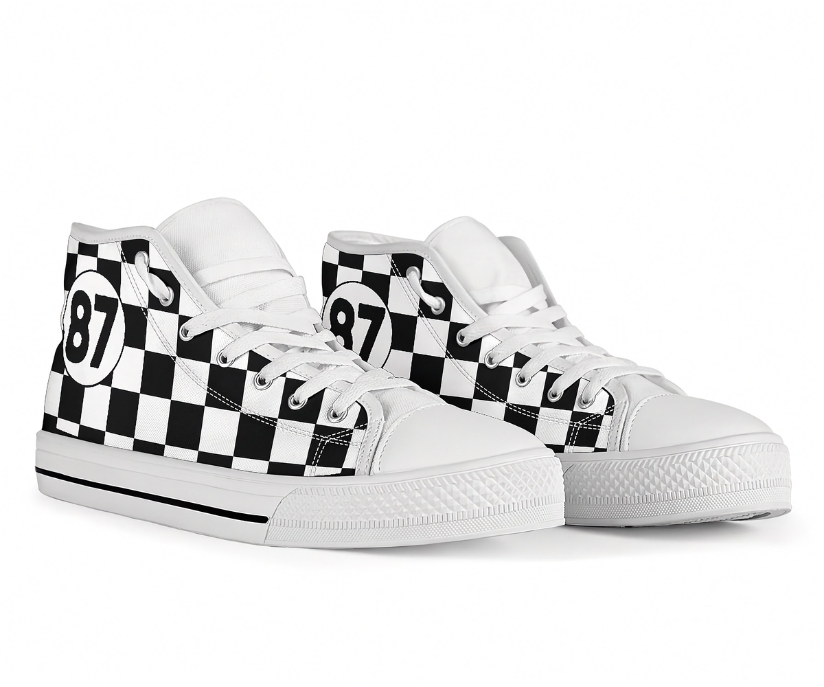 White high-top sneakers with gray camouflage pattern on a white background