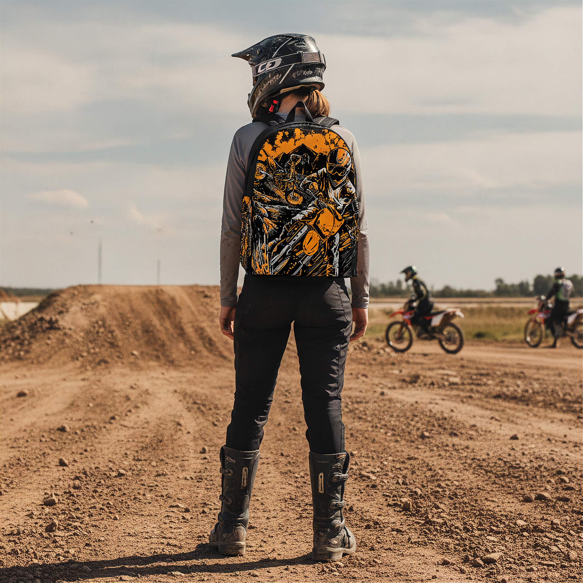A person standing on a dirt track wearing a black and orange motocross backpack, black riding pants, and boots, with a helmet on, and two riders on motorcycles in the background.