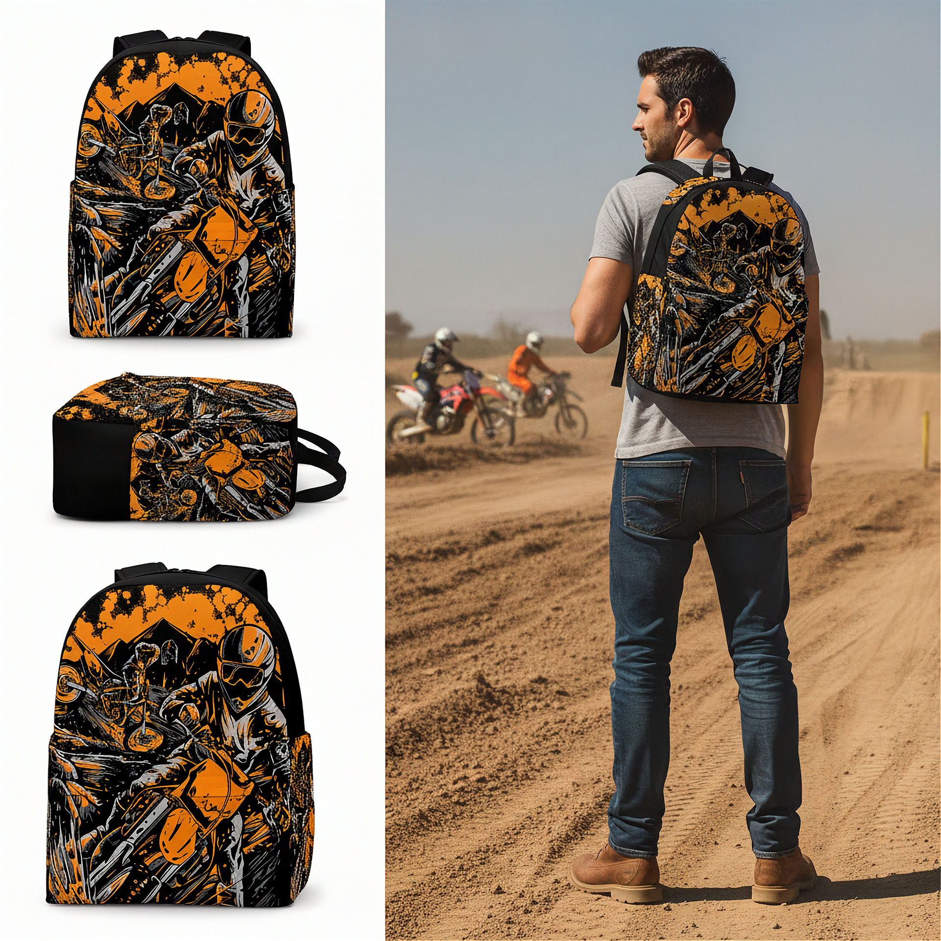 A backpack and matching bag with a black, orange, and gray motorcycle skull graphic are shown on a white background, alongside a man wearing the backpack in an outdoor dirt-road setting.