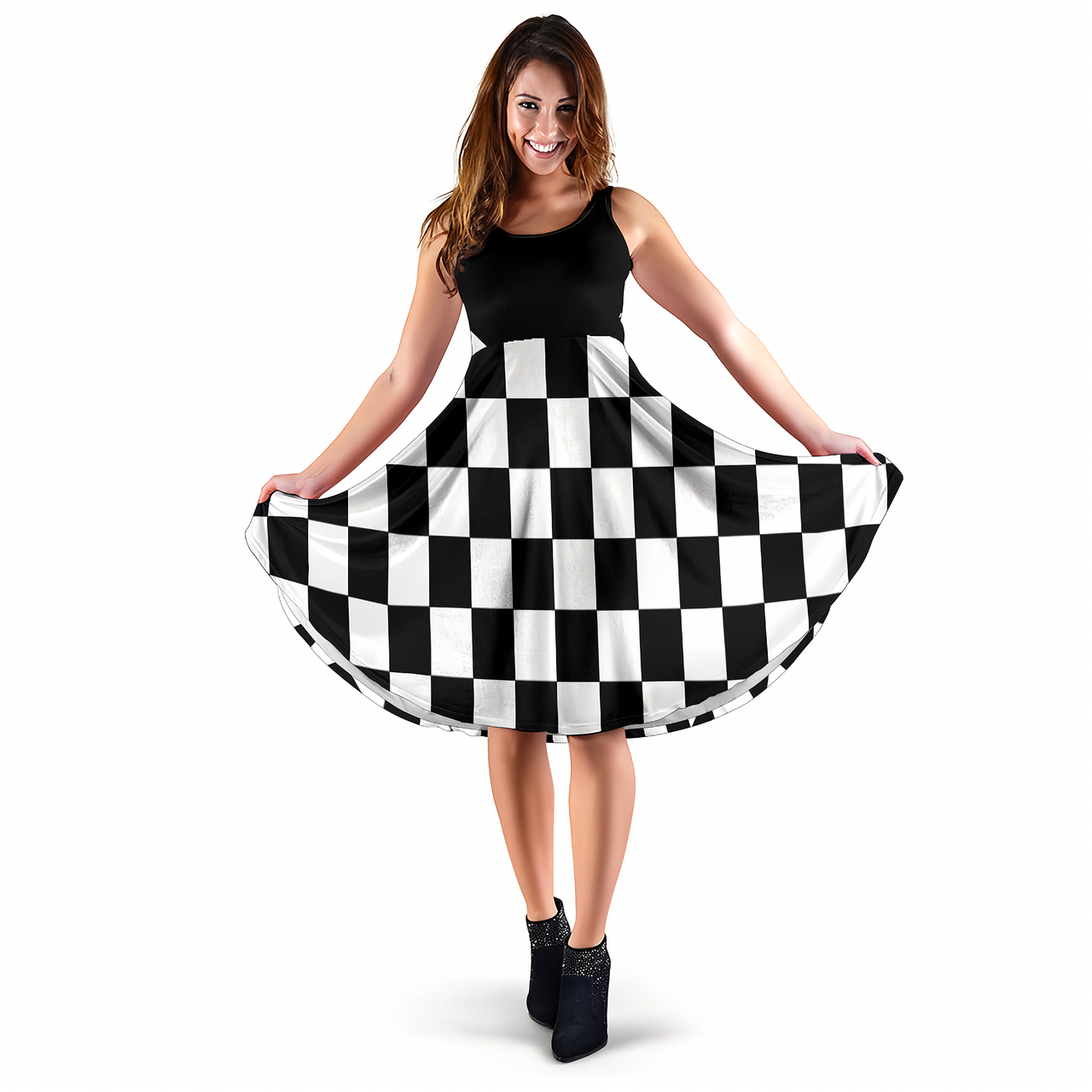 Classic Black and White Racing Checkered Flag Dress for motorsports fans.