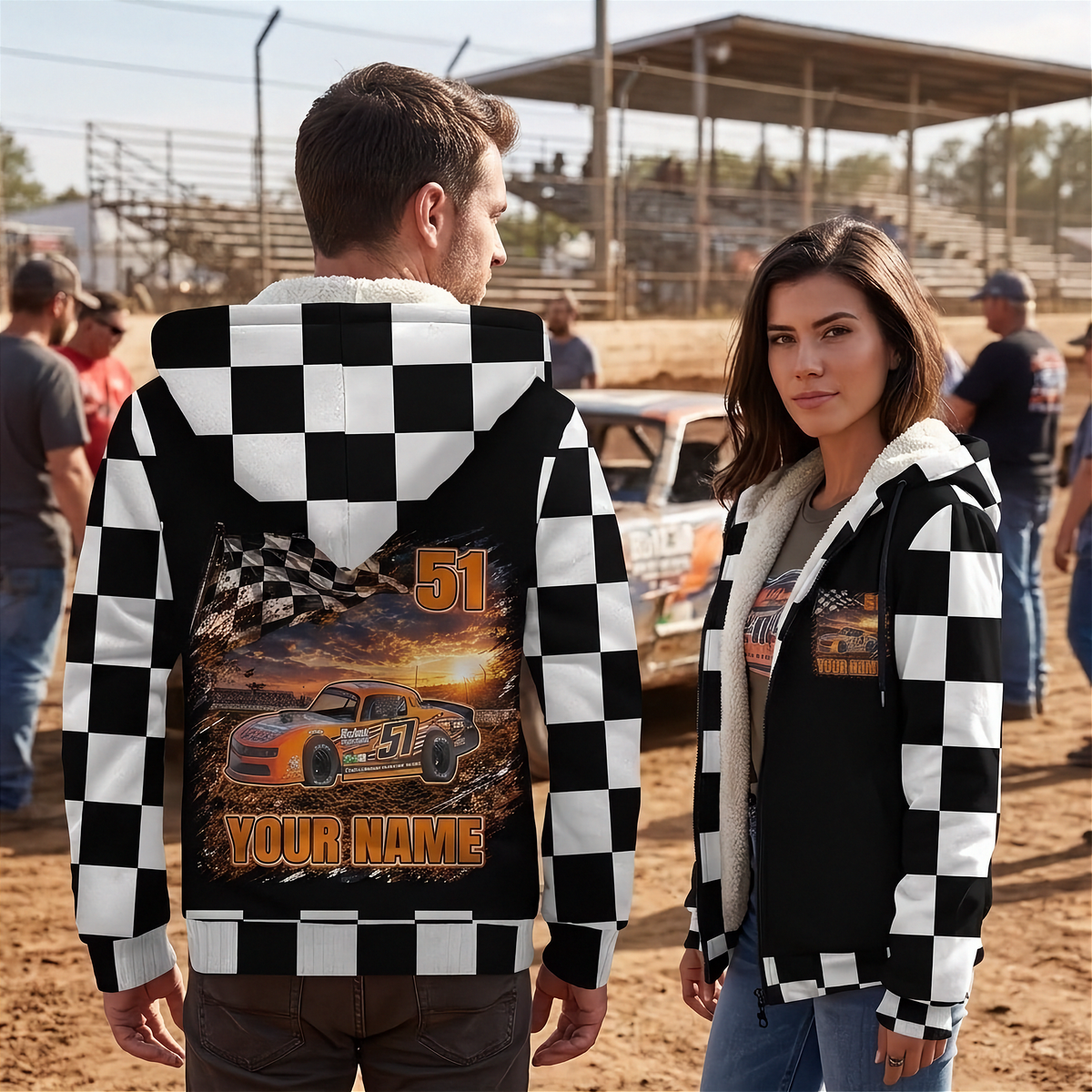 Couple at a dirt track showing the street stock jacket’s personalized back design and matching chest artwork.