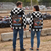 Back view of a couple wearing matching derby sherpa jackets with car artwork, number 727, and “YOUR NAME” lettering.
