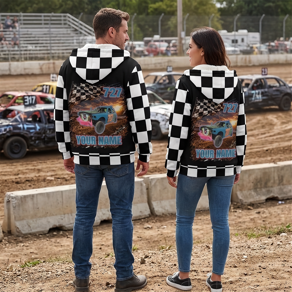 Back view of a couple wearing matching derby sherpa jackets with car artwork, number 727, and “YOUR NAME” lettering.