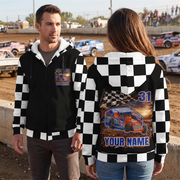 Couple wearing personalized dirt modified sherpa jackets at the track, showing the chest graphic and custom car, name, and number back design.