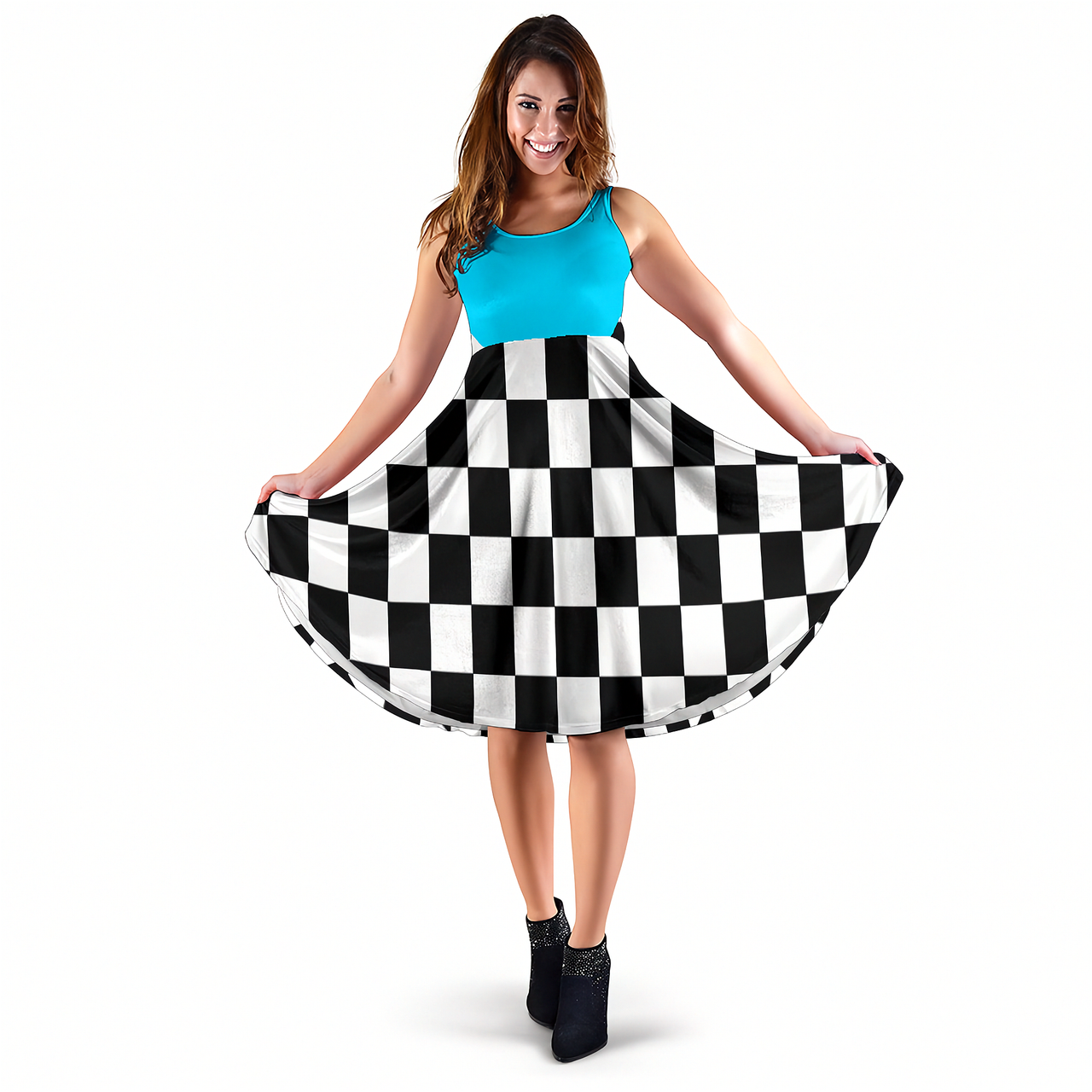 Crisp Carolina blue and black checkered flag midi dress, a chic motorsports-inspired dress with hidden pockets for race fans.
